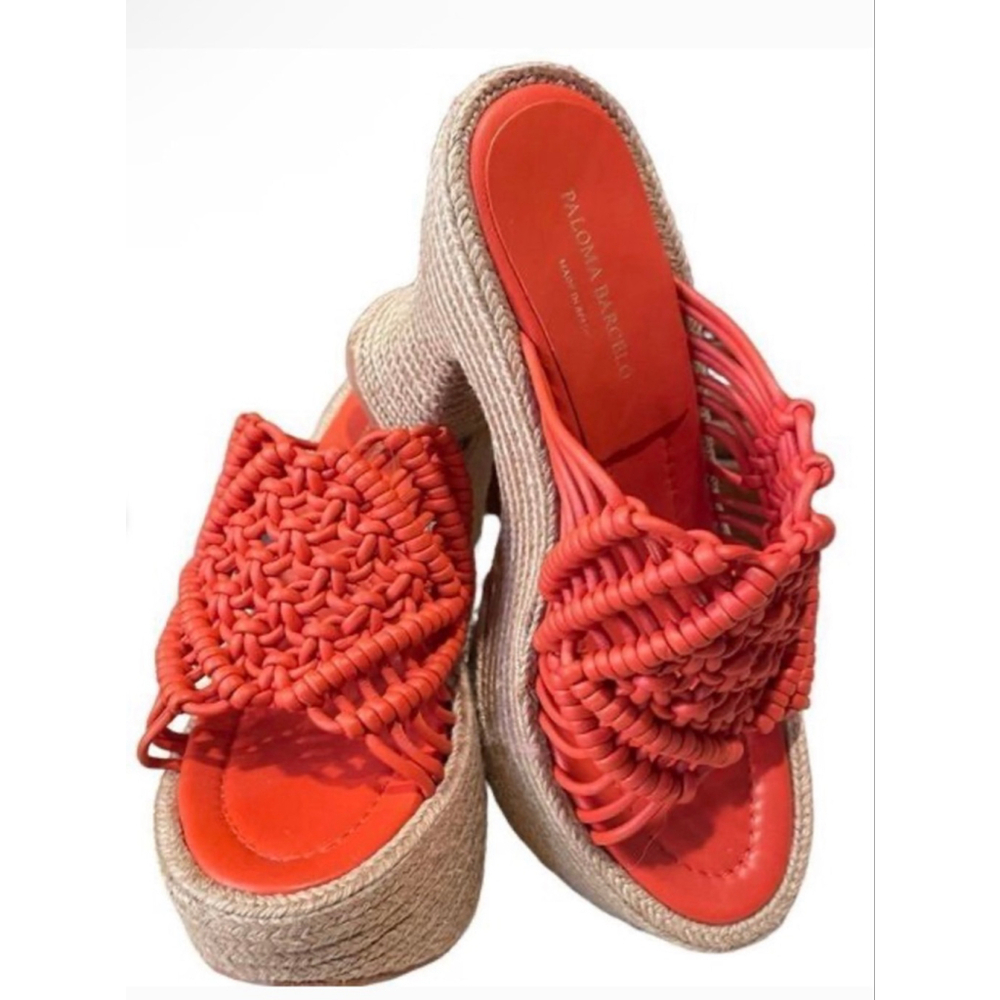 NWT Paloma Barcelo Elna Coral & Beige Woven Espadrille Wedges 41/10-10.5